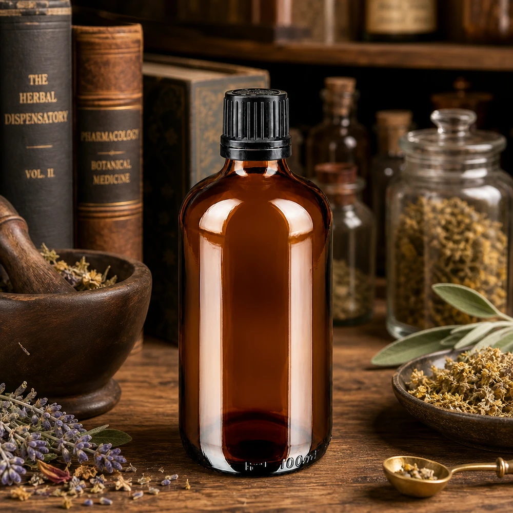 100 ml apoteksglasflaske i ravfarve med sort originalprop, inspireret af gamle urtebøger