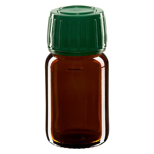 30 ml medicinflaske brun, hætte grøn med manipulationssikker ring ApoGlas. Farmaceutisk kvalitet fra EU-produktion. 28 mm (PP28) gevind. (sirup, lys glasflaske) 30 ml medicinflaske brun, hætte grøn med manipulationssikker ring ApoGlas. Farmaceutisk kvalitet fra EU-produktion. 28 mm (PP28) gevind. (sirup, lys glasflaske)