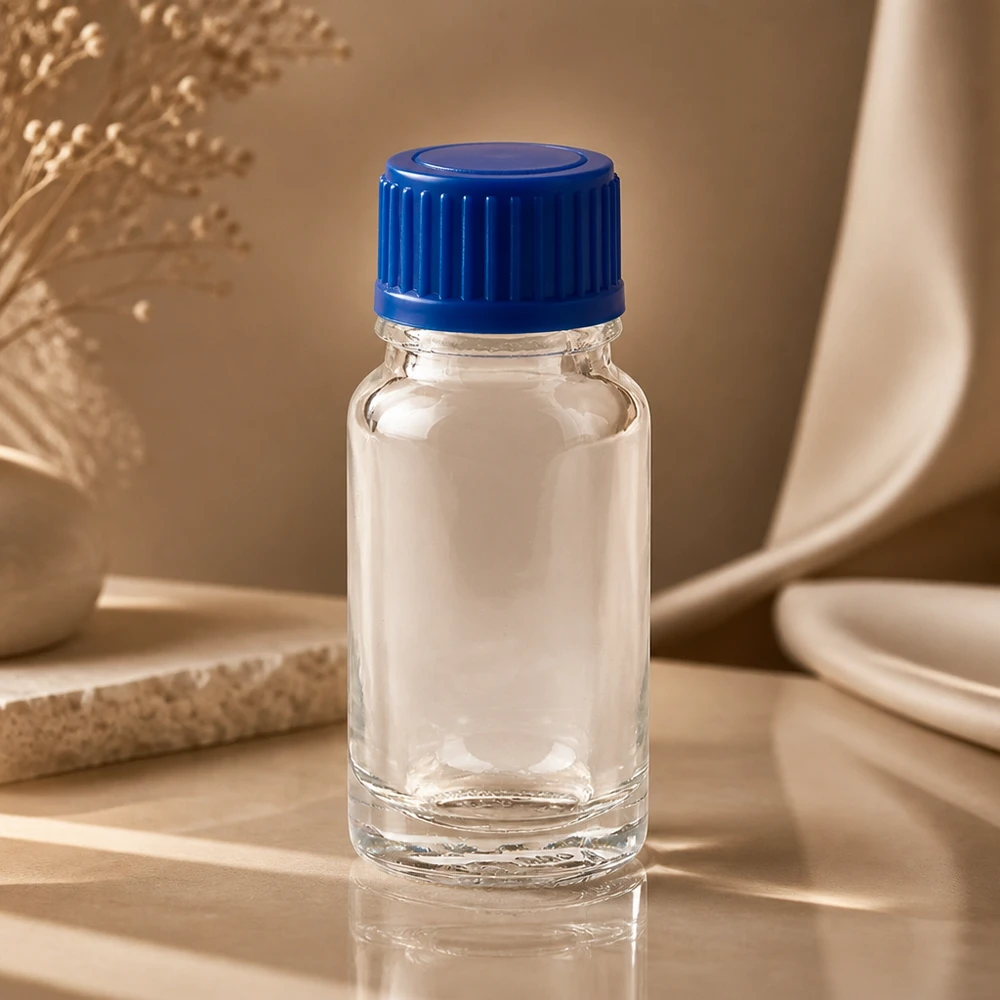 10 ml flaske 11 mm SV blå STD ClearLine UT18/10 10 ml ClearLine UT18/10-flaskeserie i klart glas med blå 11 mm standardprop – set fra siden