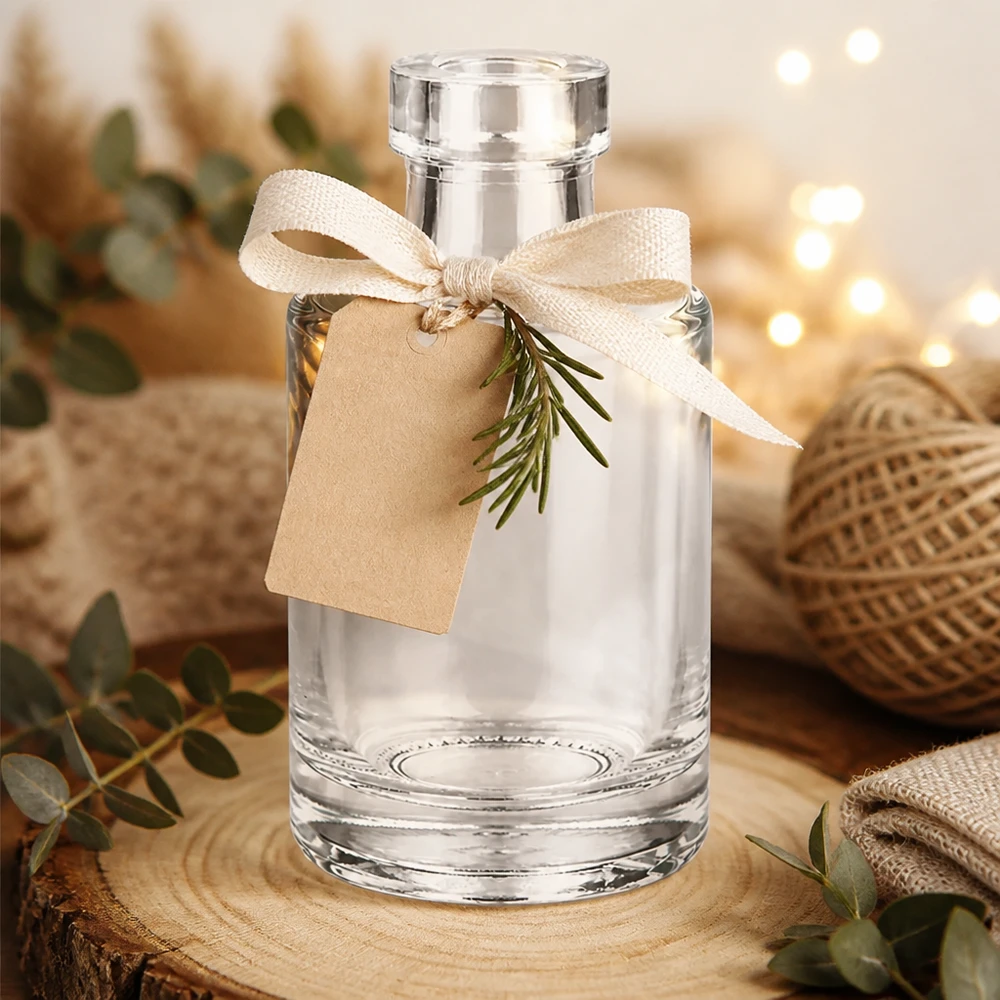 100 ml glasflaske »Marie« uden lukning UNiTWIST® 100 ml glasflaske Marie dekorativ med gavebåndsvedhæng og rosmarin i en hyggelig atmosfære med lyskæder