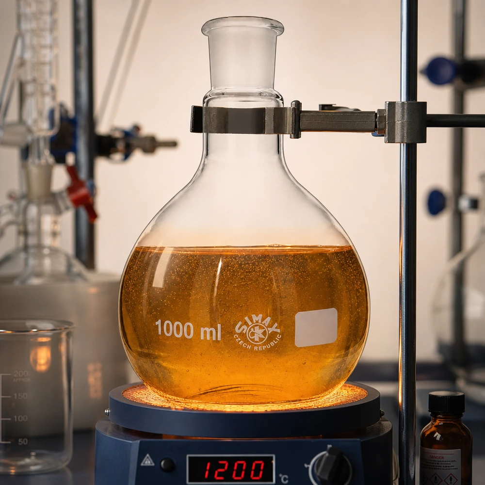 Flaske 1000 ml med standard slebet led (29/32) Varmekolbe 1000 ml på varmeplade ved 120 °C med orangefarvet opløsning og standard jordforbindelse 29/32