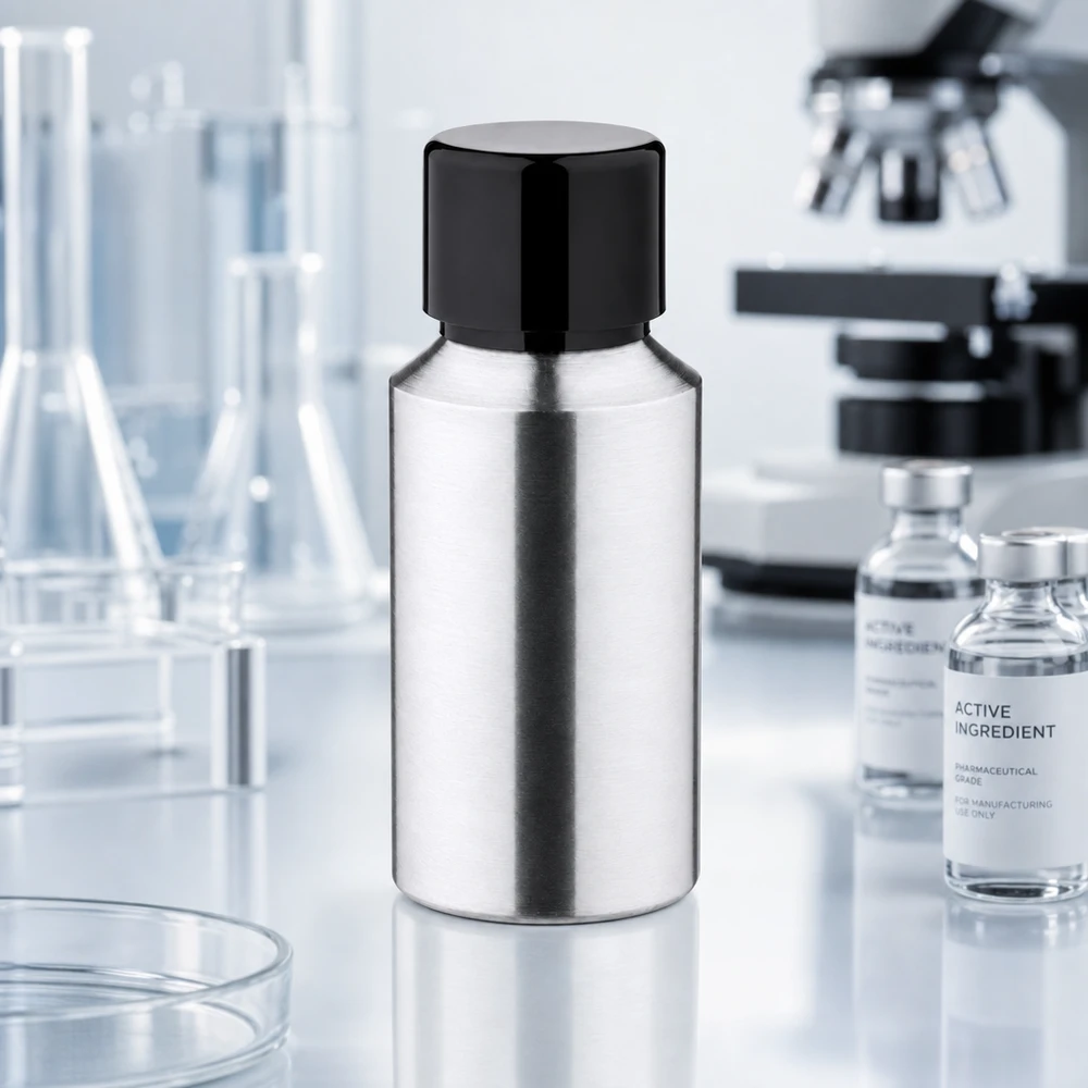 30 ml flaske i poleret aluminium med skruelåg 30 ml flaske i poleret aluminium med sort hætte, ideel til professionelle laboratorieopgaver