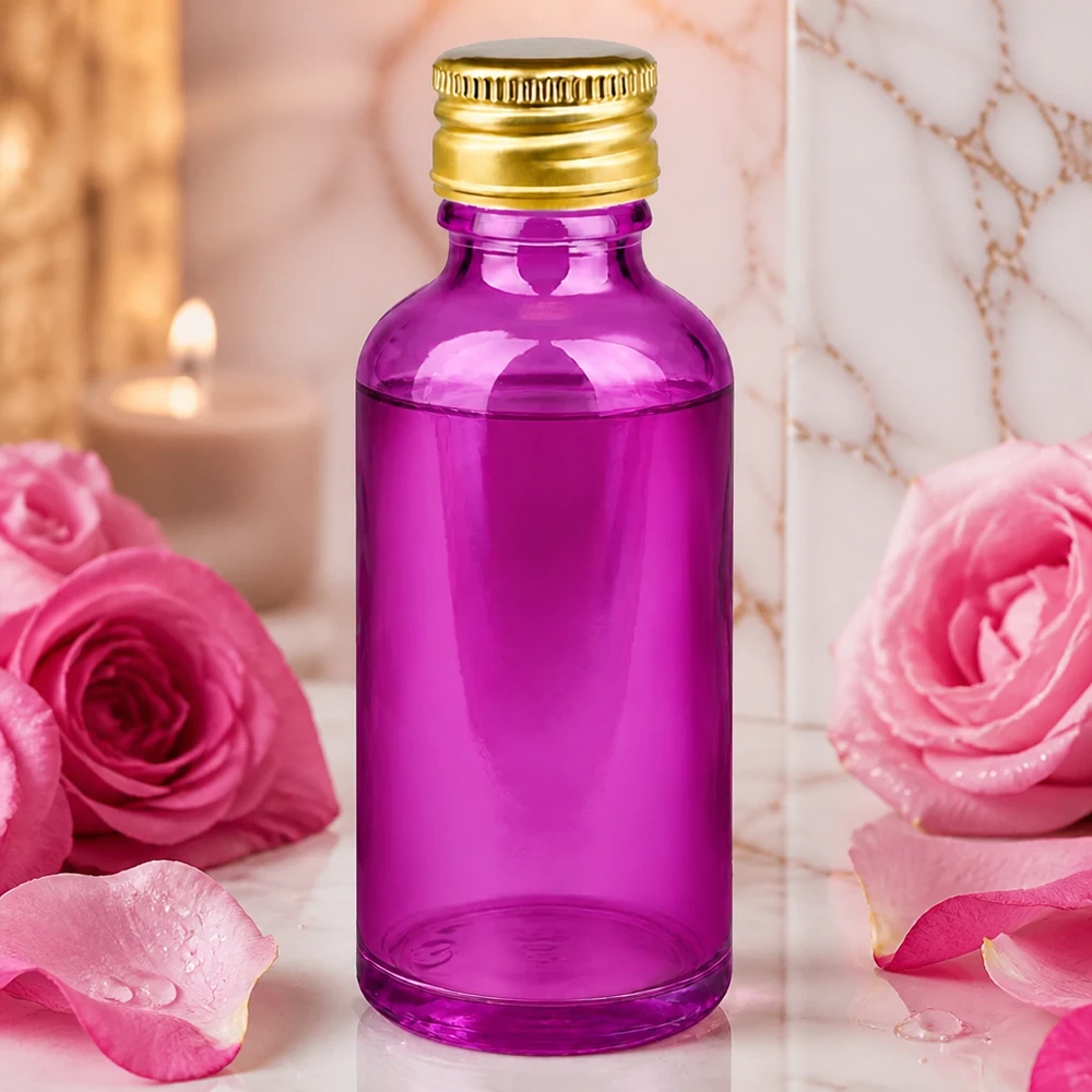 50 ml flaske 11 mm skruelåg aluminium guld standard PurpleLine. UT18/50 50 ml glasflaske i høj kvalitet i lilla med guld aluminiumshætte til professionelle kosmetikprodukter