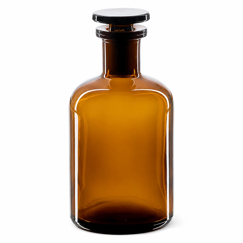 Rund skulderflaske 100 ml brun glasprop med smal hals Brun flaske med runde skuldre, 100 ml, med glasprop og smal hals, fremstillet af laboratorieglas af høj kvalitet