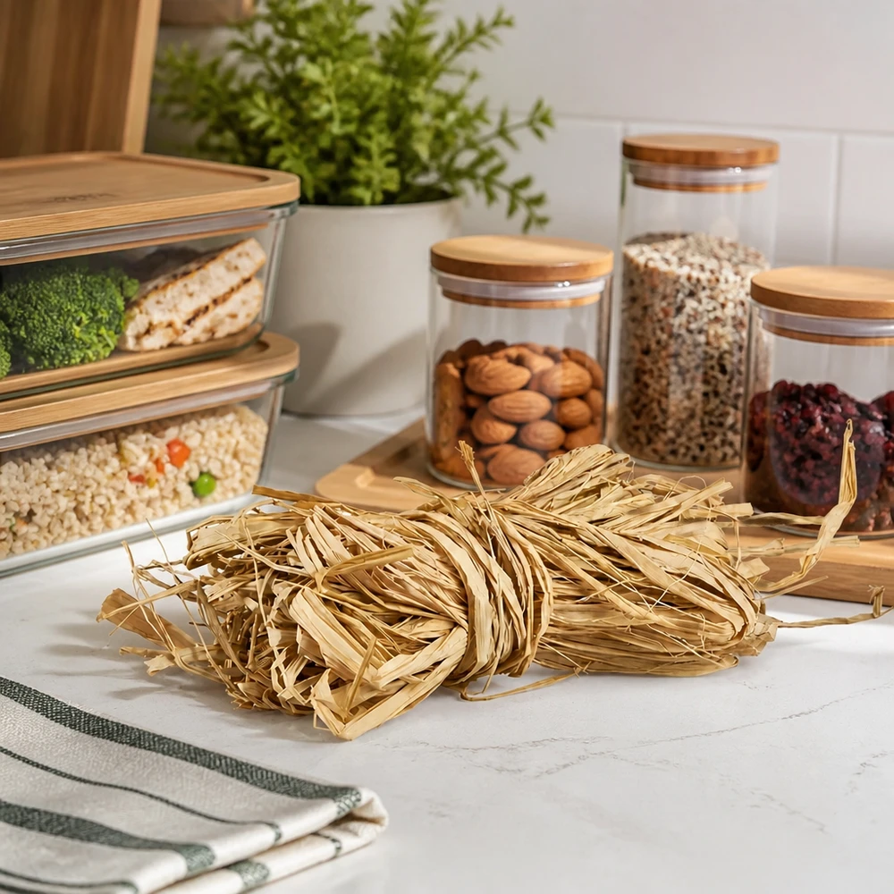 Naturbast til dekoration, 30 g Naturraffia 30 g gyldenbeige på køkkenbordplade med opbevaringskrukker viser praktisk køkkenorganisering og dekorationsideer