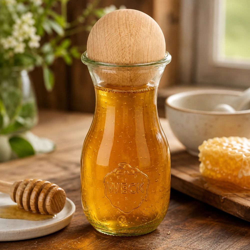 290 ml juiceflaske WECK RR60 med trækugle bøg WECK juiceflaske 290 ml fyldt med honning og kugle af bøgetræ, dekoreret med honeycomb og honningske