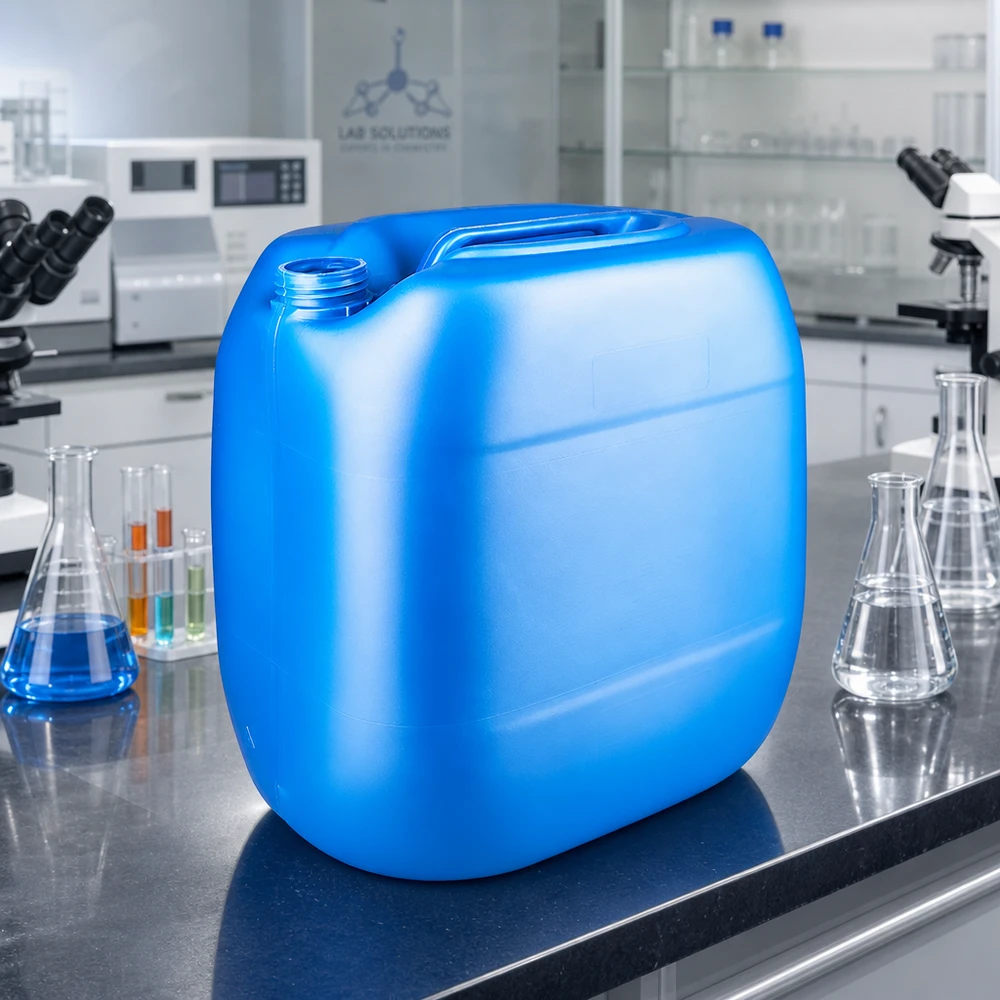 Rektangulær blå dunk på 30 liter uden låg på et laboratoriebord med en Erlenmeyer-kolbe