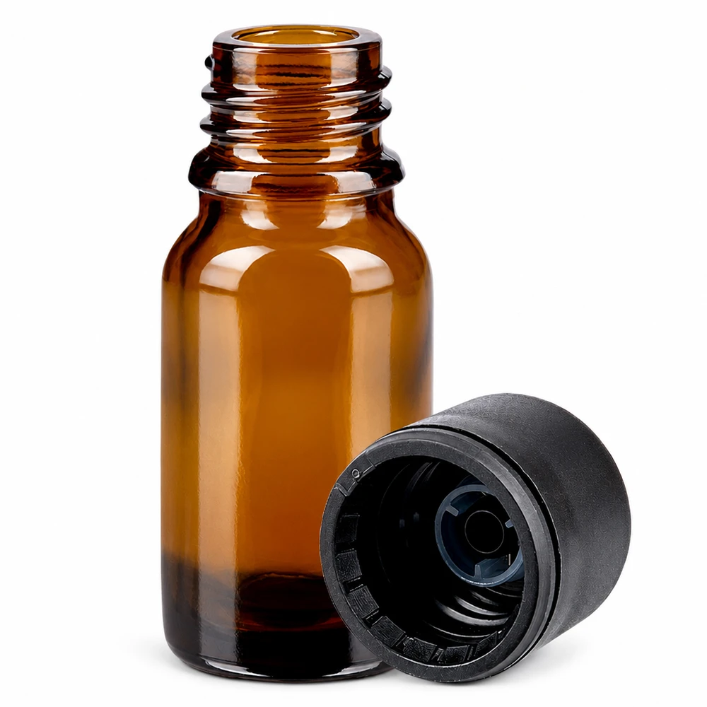 10 ml flaske 6 mm SV sort STD BrownLine UT18/10 10 ml ravfarvet glasflaske med skruelåg til aromaterapi og parfumeolier