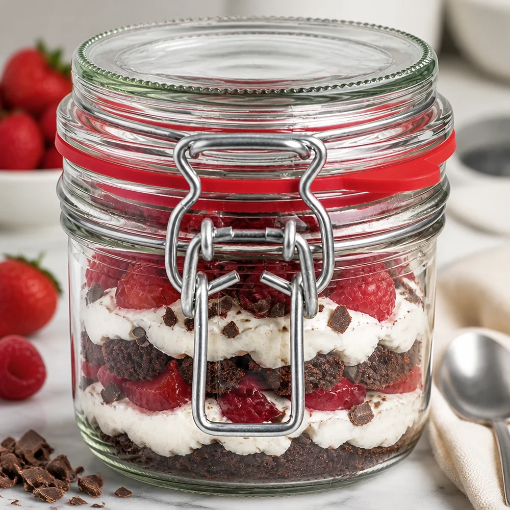 255 ml opbevaringsglas, type G, med bøjlelåg UN.. 255ml Bügelverschluss-Glas mit geschichtetem Erdbeer-Schoko-Dessert, perfekt für Trifle und süße Leckereien