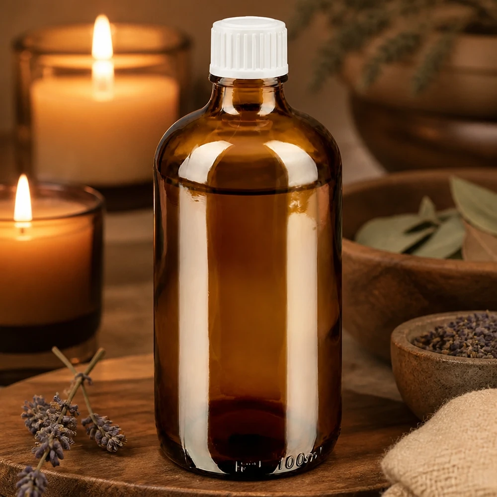 Ravfarvet glasflaske på 100 ml med hvid doseringsprop – ideel til aromaterapi og naturkosmetik