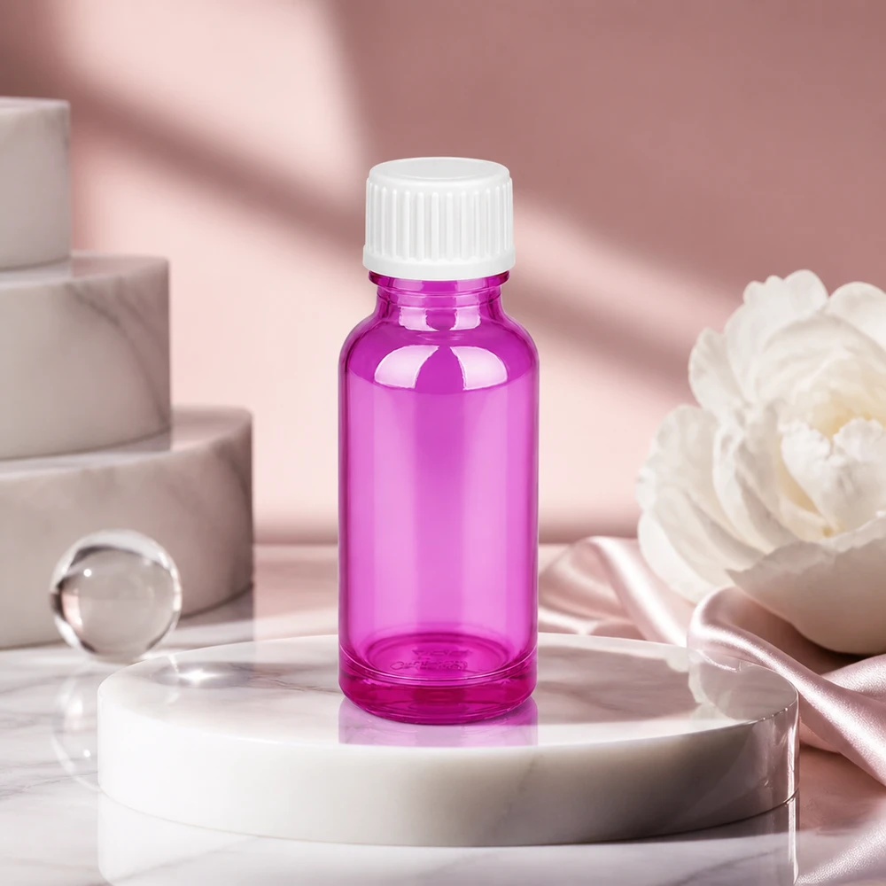 20 ml dråbeflaske 0,9 mm hvid standard PurpleLine. UT18/20 Lille 20 ml dråbeflaske i en klar lilla farve med et hvidt skruelåg til hverdagsbrug