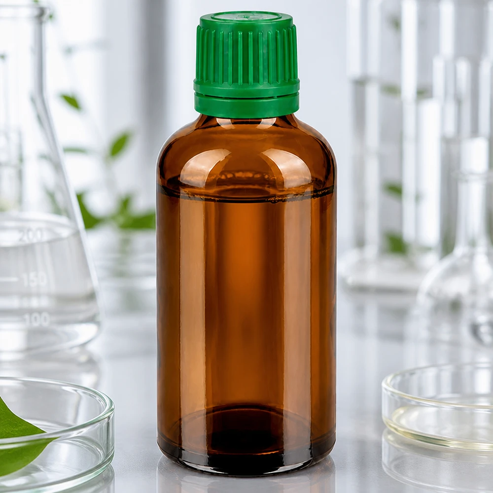 50 ml flaske 11 mm SV grøn OV BrownLine UT18/50 Professionel 50 ml laboratorieflaske af ravfarvet glas med børnesikret grøn hætte