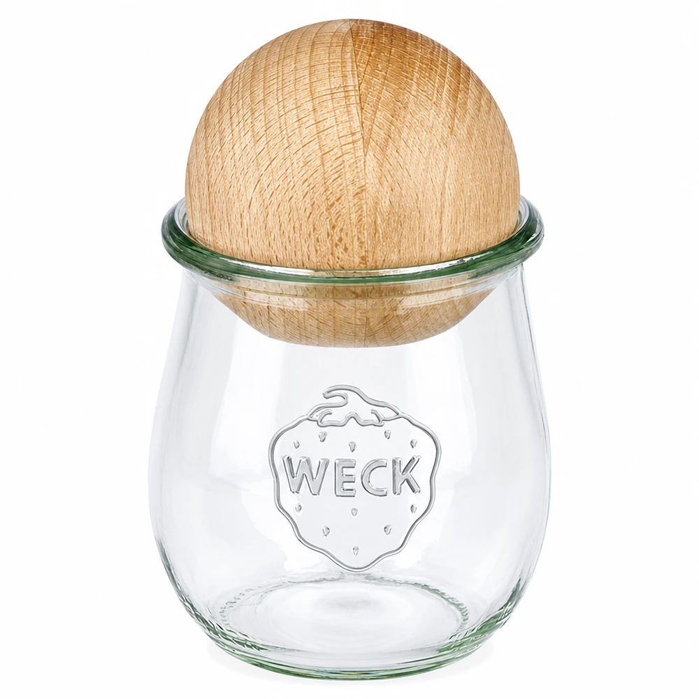 220 ml tulipankrukke WECK RR60 med trækugle bøg WECK tulipankrukke 220 ml RR60 med kuglelåg af naturbøg, klar syltekrukke med trælåg