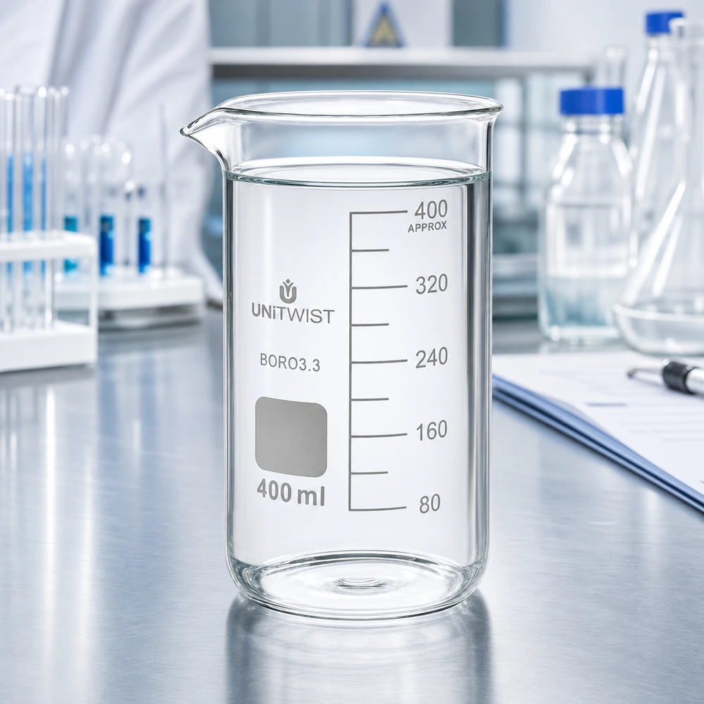 Bægerglas 400 ml borosilikat, høj form UNITWIST UNITWIST-bægerglas, 400 ml, høj model, med klart vand på et bord af rustfrit stål i laboratoriet