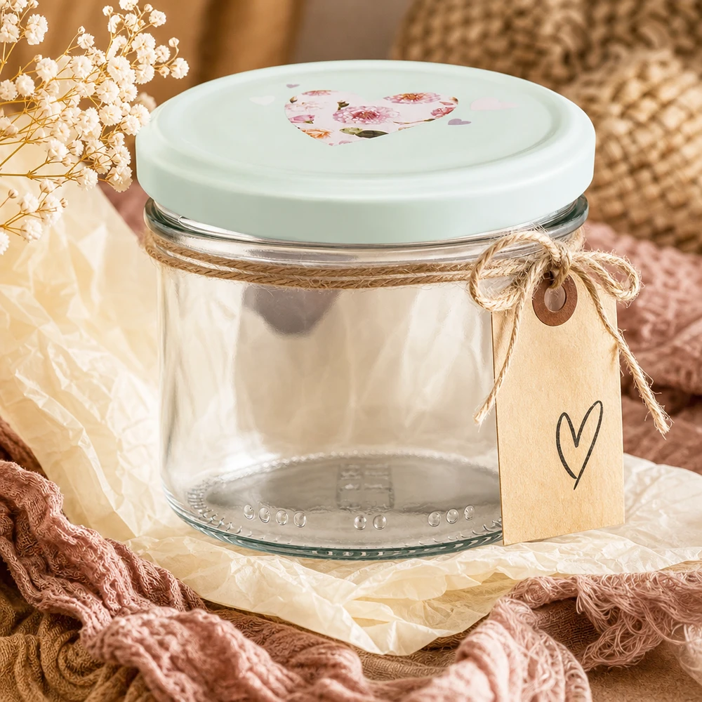 230 ml cylinderglas + BasicSeal låg hjerte mint 230ml Zylinderglas mit mint Herzdeckel romantisch dekoriert mit Juteband Geschenkanhänger und Trockenblumen