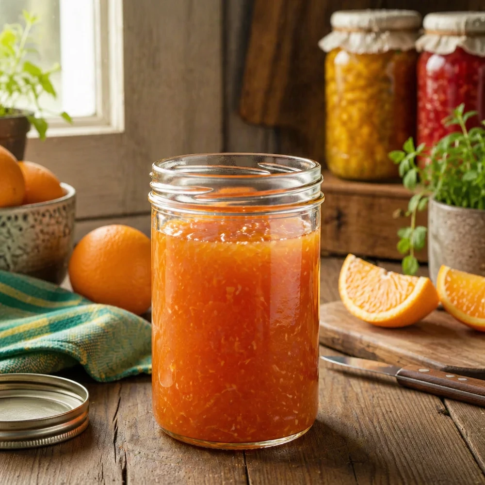 UNiTWIST Sturz435 - Briller med en kapacitet på 435 ml TO82 UNiTWIST Sturz435 syltetøjsglas 435 ml fyldt med hjemmelavet appelsinmarmelade i rustikt køkken med friske appelsiner