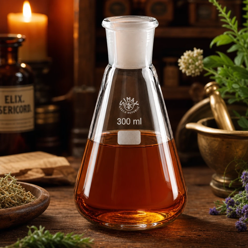 Erlenmeyer-kolbe 300 ml med standard slebet led (29/32) Erlenmeyer-kolbe 300 ml med orangerød væske og standardslibning 29/32 i et rustikt laboratoriemiljø