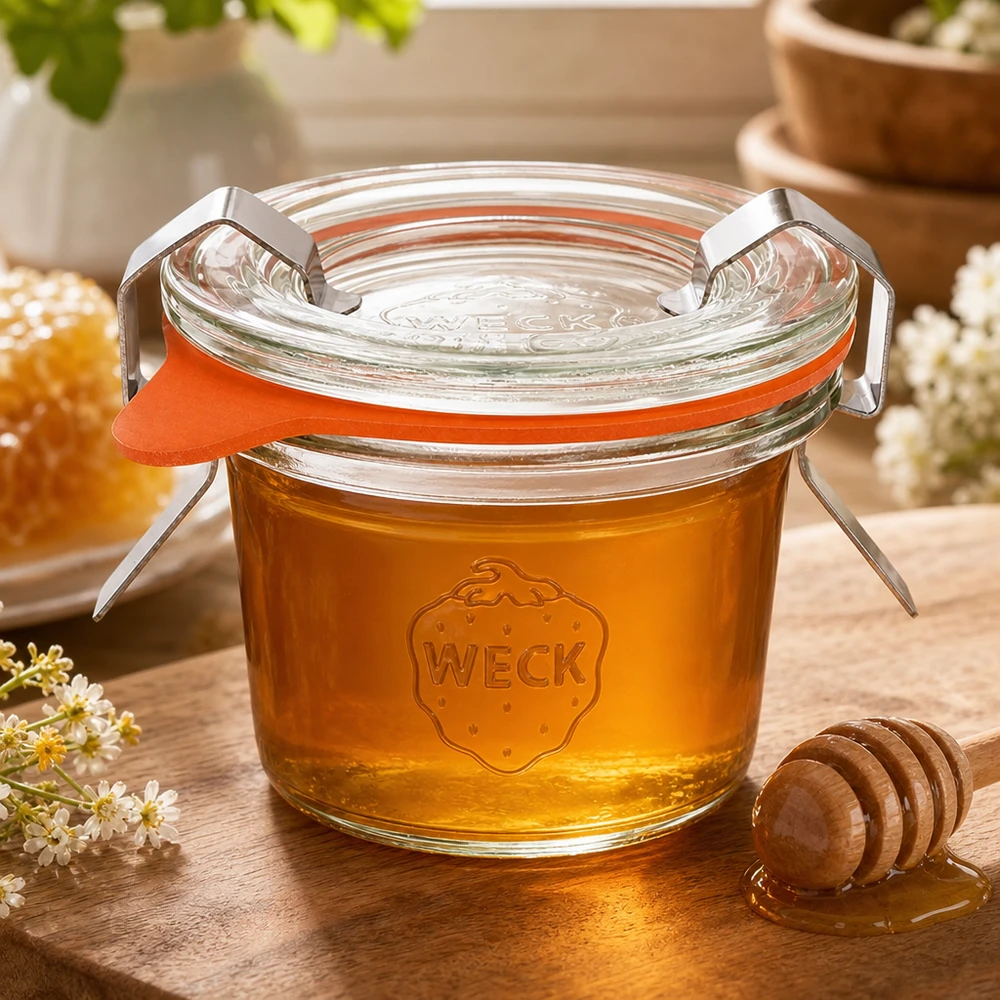 35 ml Briller komplet WECK RR40 WECK Sturzglas 35ml RR40 mit goldenem Honig gefüllt neben Honiglöffel und Waben zeigt natürliche Lagerung