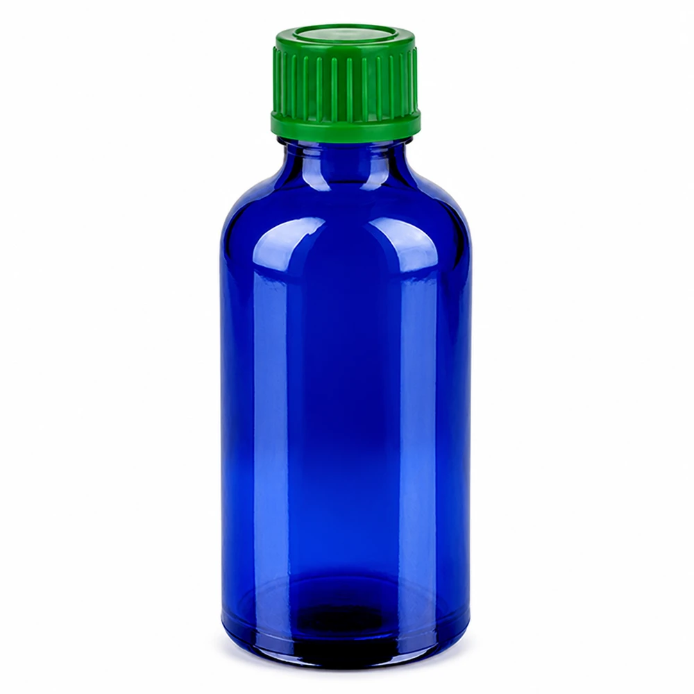 50 ml blå glasflaske med grønt skruelåg til æteriske olier og kosmetik