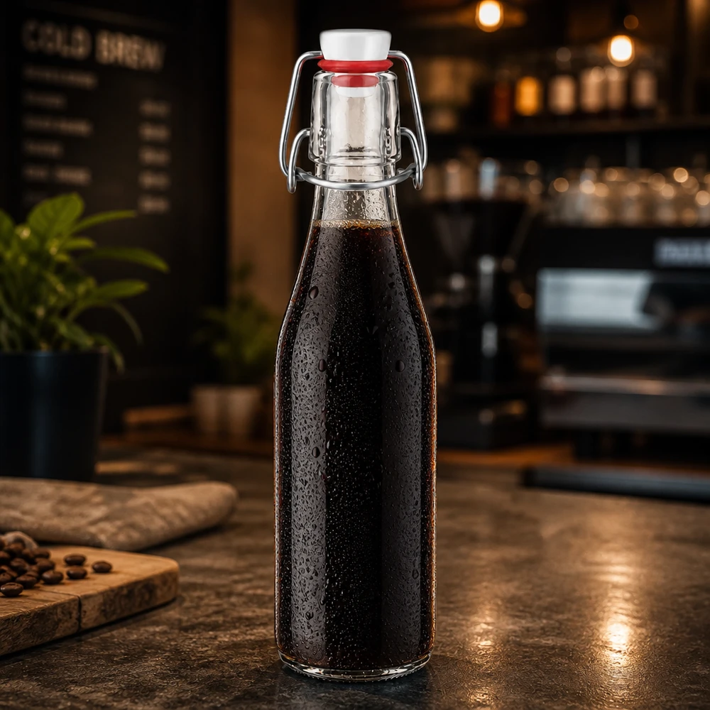 250 ml glasflaske og hængelåg i PVC UNiTWIST 250ml Glasflasche mit dunklem Getränk gefüllt, Bügelverschluss PVC UNiTWIST, stilvolle Küchendeko auf Holztisch
