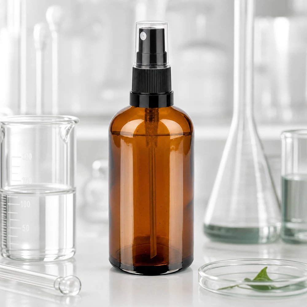 100 ml sprayflaske sort/tr. STD BrownLine UT18/100 100 ml sprayflaske af høj kvalitet lavet af UV-beskyttende ravfarvet glas til følsomme væsker