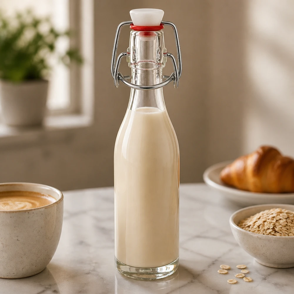50 ml glasflaske og hængelukning PVC UNiTWIST 50 ml glasflaske med svingtop fyldt med havremælk i et hyggeligt køkken ved siden af en kaffekop og havreflager