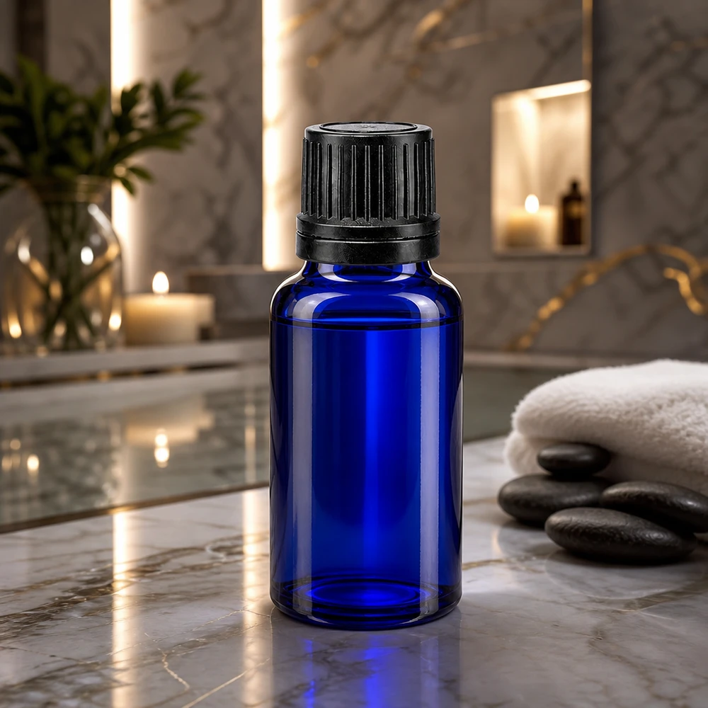 Apoteksflaske blå 20ml dryp v. Pr. 1mm sort OV Blå 20 ml apotekerglas-dråbeflaske med sort OV-låg på et elegant marmorbræt i spaen