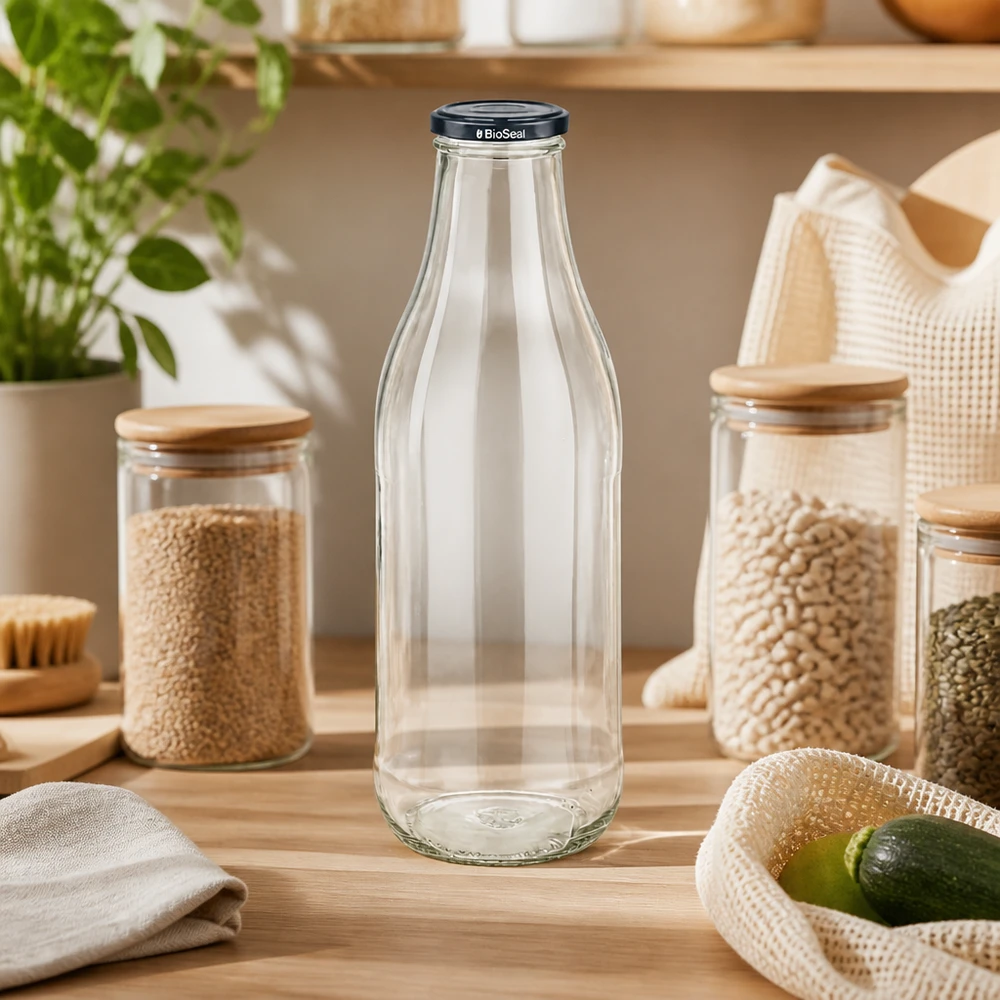 1000 ml glasflaske + BioSeal-låg sort UNiTWIST. Absolut lækagesikker med stort TO48-låg. Til mælk, juice og limonade. 1000ml Glasflasche BioSeal Deckel Zero Waste Küche Hülsenfrüchte Vorratshaltung nachhaltige Küchenorganisation