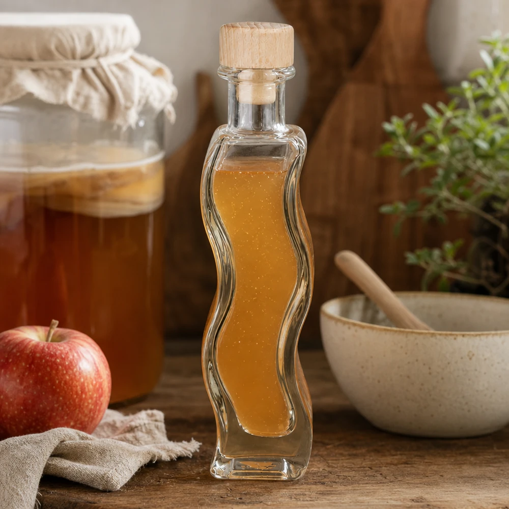 100 ml Glasflaske Melissa med træhåndtag og prop UNiTWIST® 100ml Glasflasche Melissa mit Apfelessig befüllt neben rotem Apfel Mörser Küchenszenerie Holzkorken natürlich