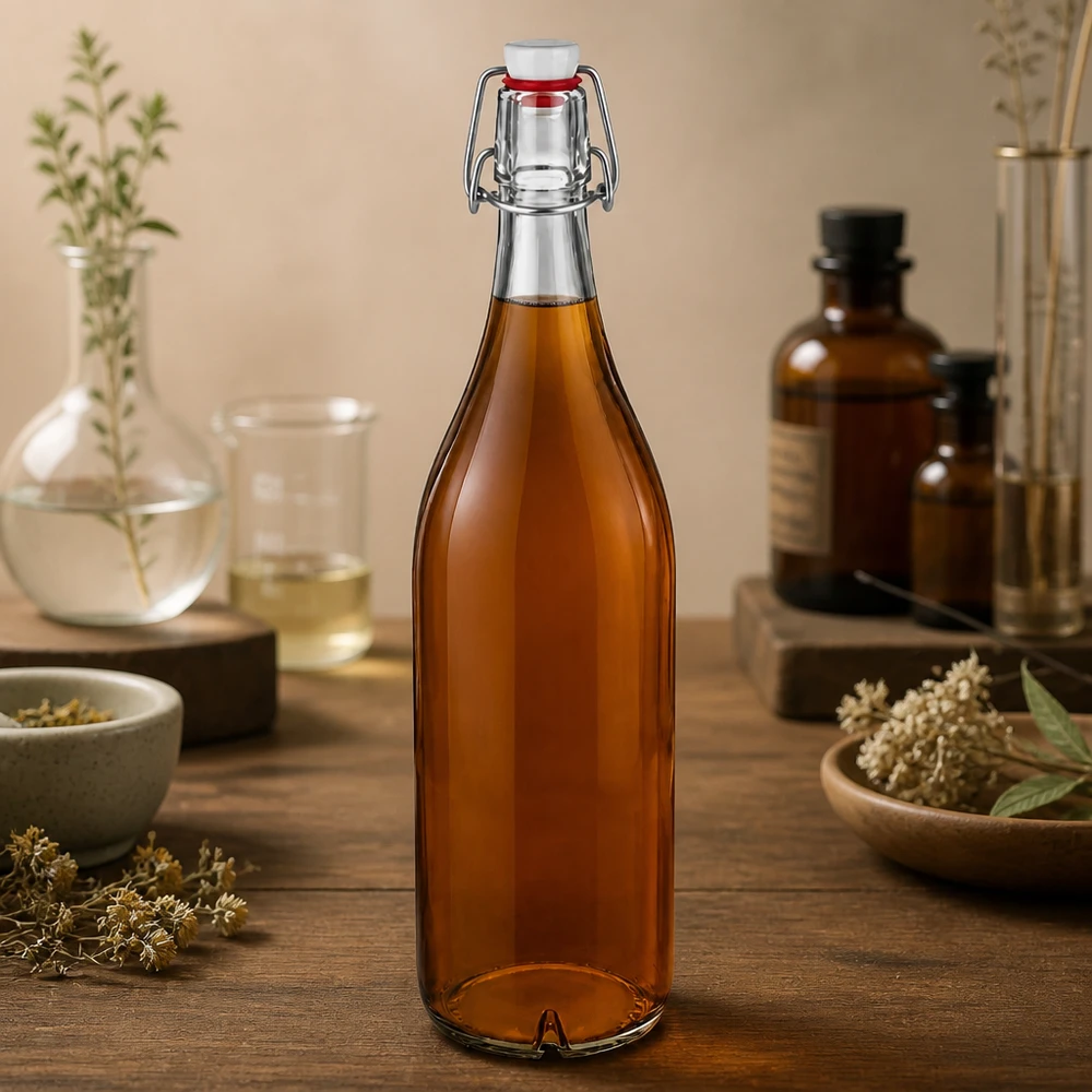 1000 ml glasflaske og hængelåg i PVC UNiTWIST 1000 ml glasflaske med svingtop PVC ravfarvet fyldt med urtete naturlig dekoration træbord