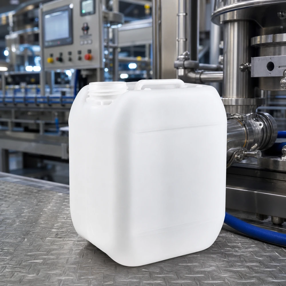 Rektangulær 5-liters plastdunk uden låg i et industrielt produktionsanlæg