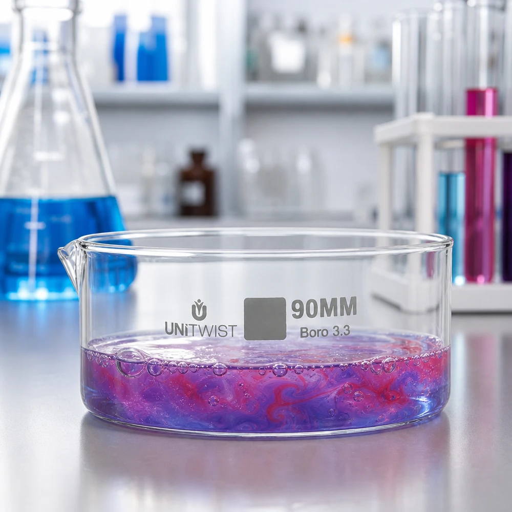 Krystalliseringsskål ø90mm borosilikatglas UNiTWIST 90 mm UNiTWIST-krystalliseringsskål med violet-rød væske, borosilikatglas, laboratorieeksperiment