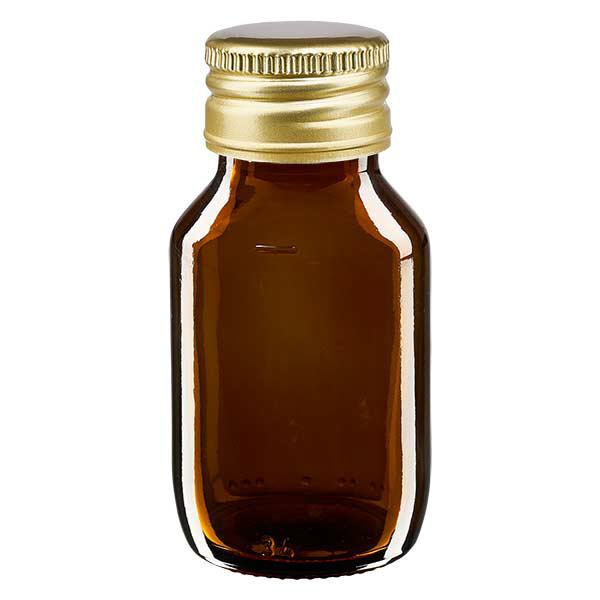 50 ml medicinflaske, brun, med ApoGlas-hætte i guldaluminium. Farmaceutisk kvalitet fra EU-produktion. 28 mm (PP28) gevind. (sirup, lys glasflaske) 50 ml medicinflaske, brun, med ApoGlas-hætte i guldaluminium. Farmaceutisk kvalitet fra EU-produktion. 28 mm (PP28) gevind. (sirup, lys glasflaske)