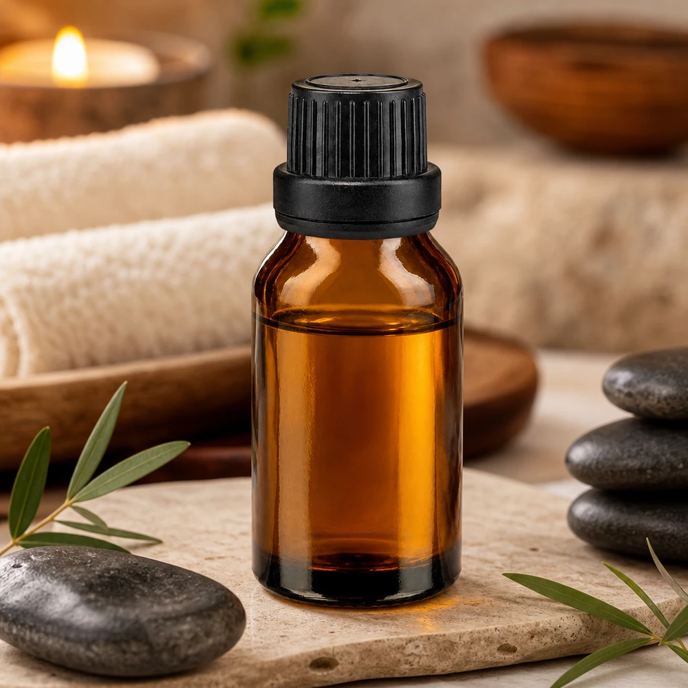 Apoteksflaske brun 30 ml skruelåg sort tæt OV Brun glasflaske på 30 ml med sort sikkerhedslåg mellem wellness-sten og et stearinlys