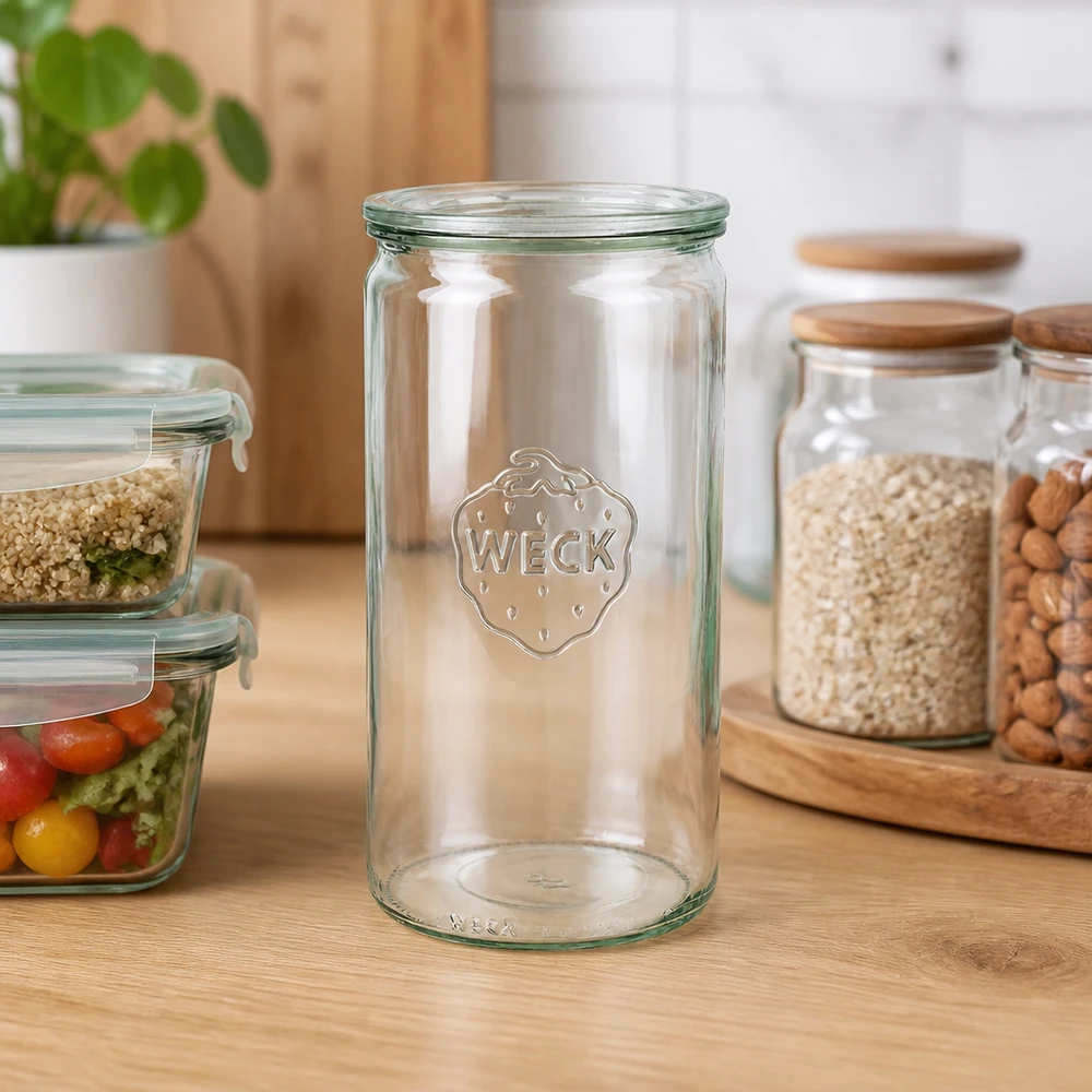 1590 ml cylinderglas med glaslåg WECK RR100 WECK cylinderkrukke 1590ml RR100 tom på træbordplade i moderne køkken med opbevaringskrukker og planter