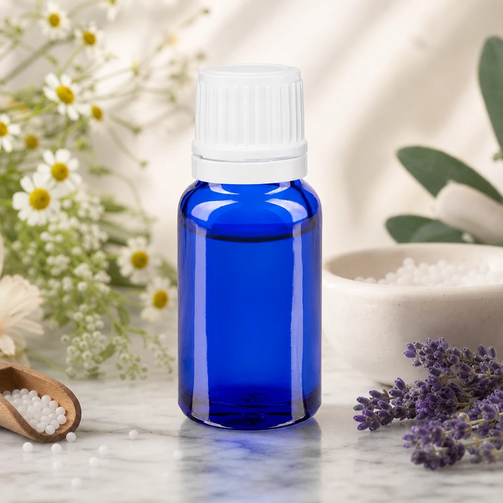 Apoteksflaske blå 10 ml skruelåg hvid OV Blå 10 ml glasflaske med hvid skruelåg ved siden af lavendel, kamille og salt