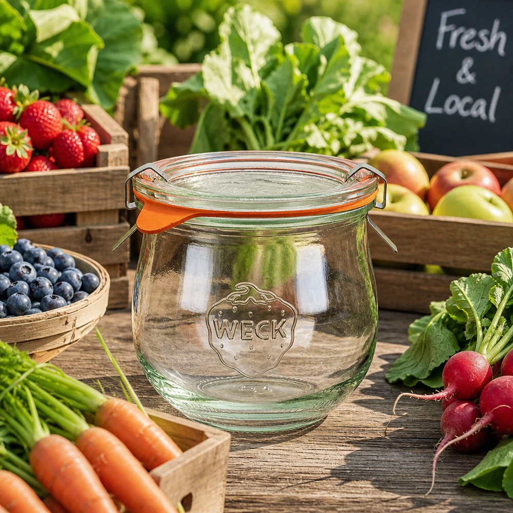 370 ml tulipankrukke komplet WECK RR80 WECK tulipankrukke 370 ml RR80 på markedsbod med frisk frugt og grønt og Local Fresh-skilt til regionale produkter