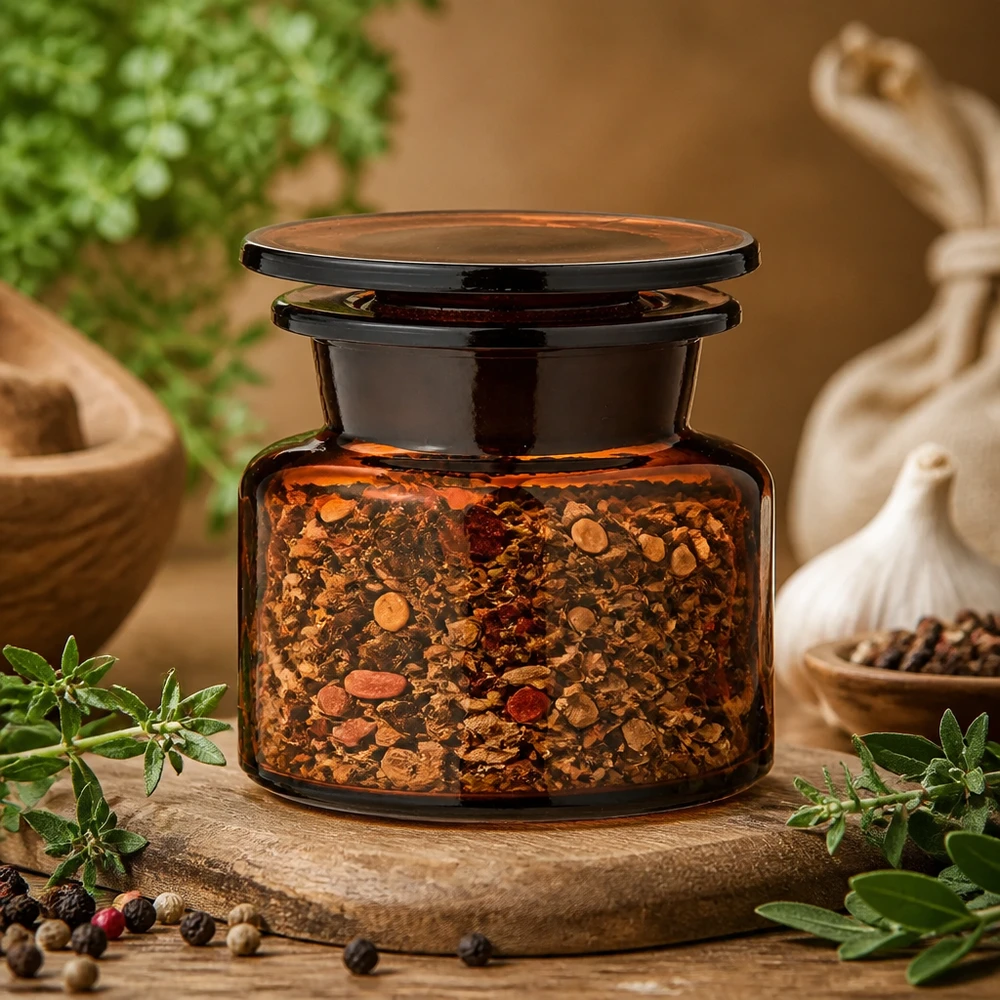 Brun glasapotekflaske, 50 ml, bred hals, med en farverig krydderiblanding af paprika og peber