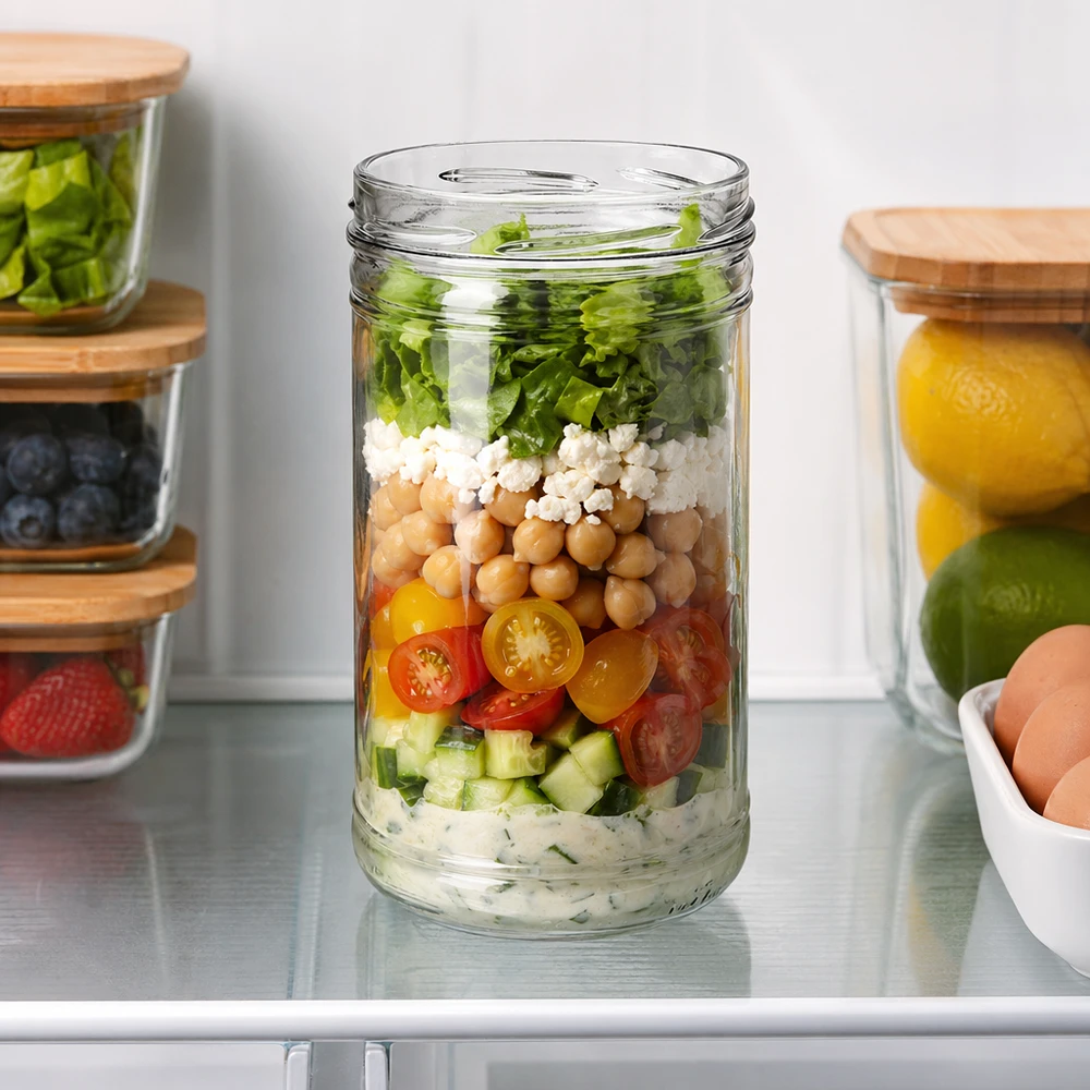 UNiTWIST Sturz1053 - Briller med en kapacitet på 1053 ml TO100 UNiTWIST-bægre 1053 ml TO100 som måltidskrukke med lagdelt salat kikærter feta tomater i køleskabet