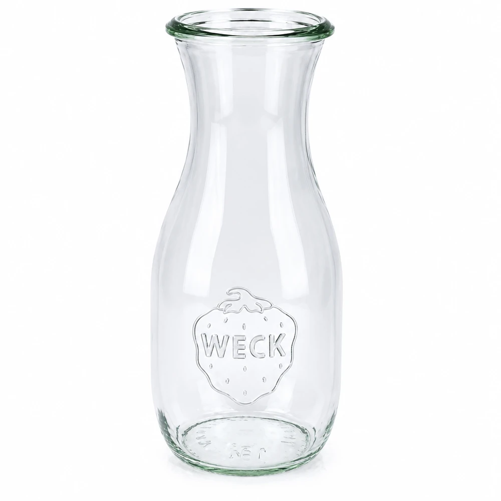 530 ml saftflaske WECK RR60 530 ml WECK juiceflaske RR60 af glas med låg og præget jordbærlogo transparent
