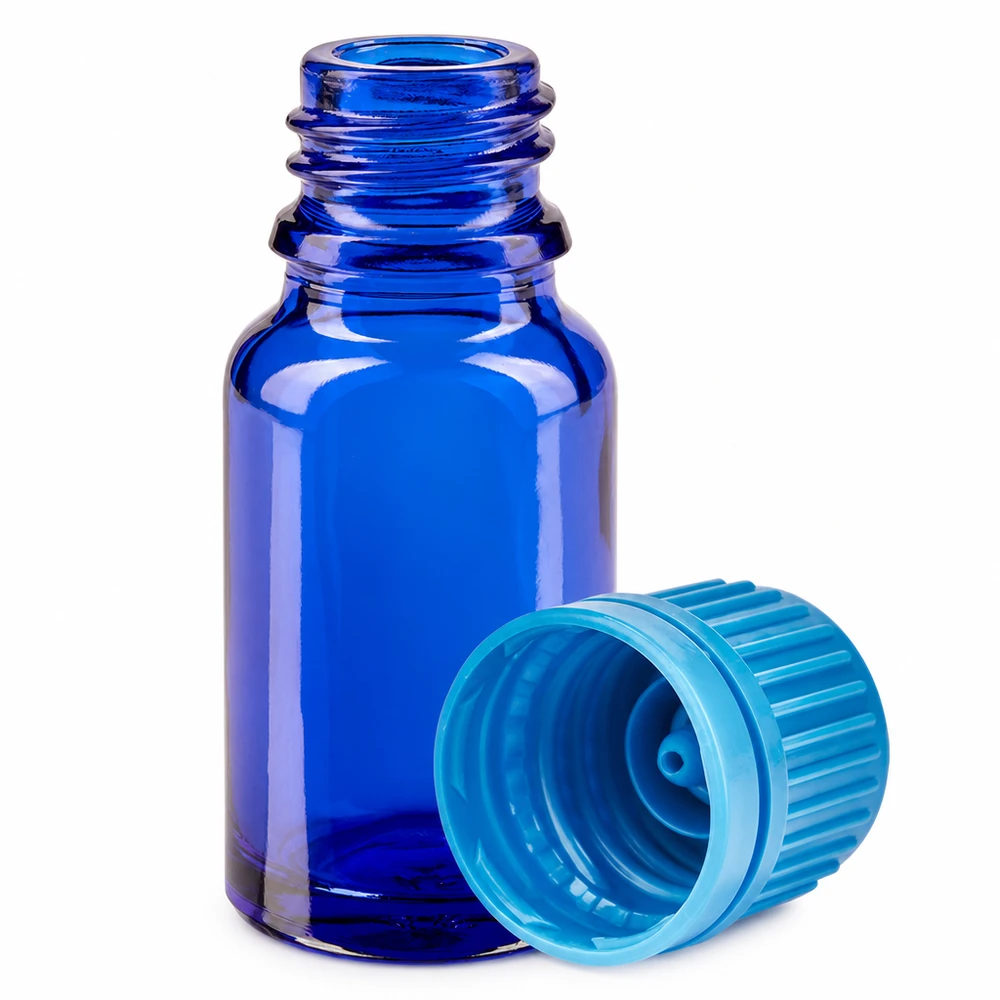 10 ml flaske lavet af koboltblåt glas med lyst turkis skruelåg til aromaterapi
