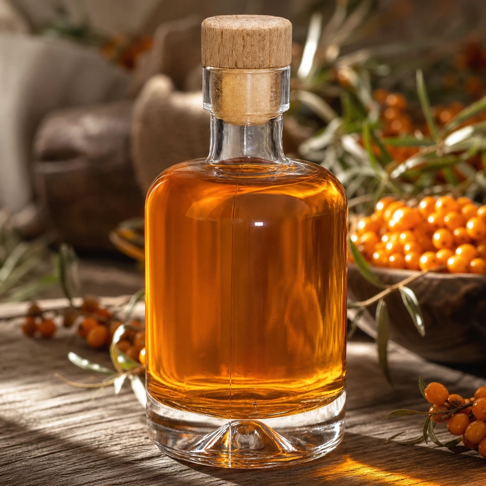 50 ml glasflaske Amelie med træhåndtag UNiTWIST 50 ml glasflaske Amelie fyldt med havtornolie mellem orangefarvede havtornbær naturligt dekoreret