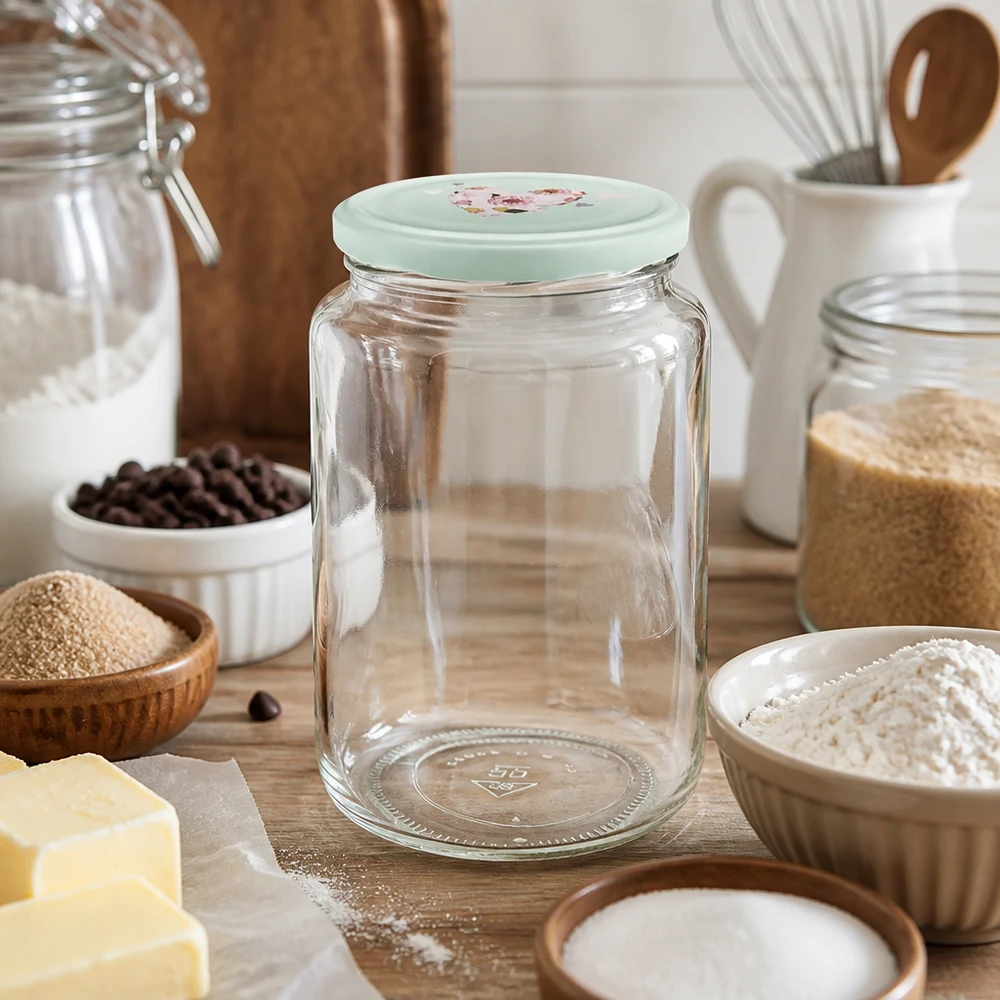 795 ml rund glas + BasicSeal låg hjerte mint UNiTWIST 795 ml rund krukke tom med mint BasicSeal hjertelåg mellem bageingredienser mel smør på træplade køkkentilbehør