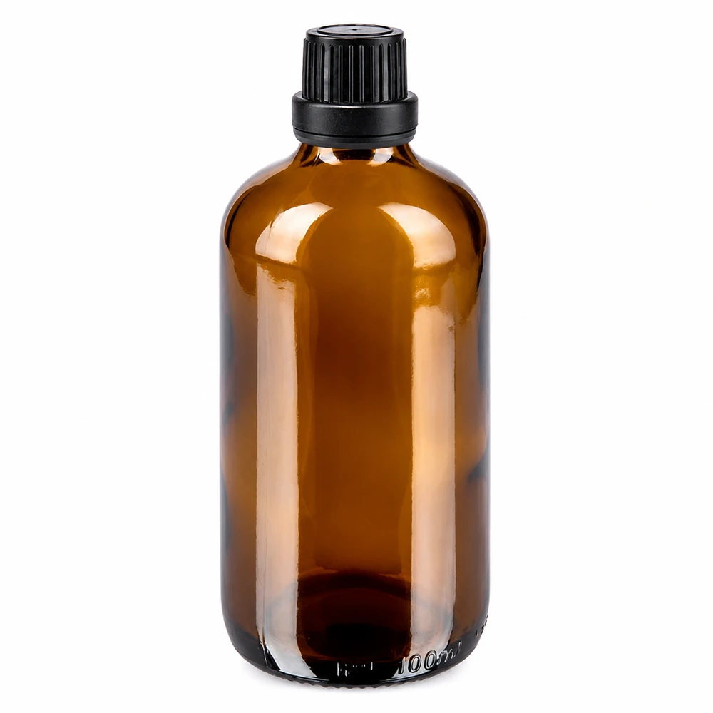 Apoteksflaske brun 100 ml skruelåg sort tæt OV 100 ml brun apotekerflaske af glas med sort originalitetslukning, 11 mm