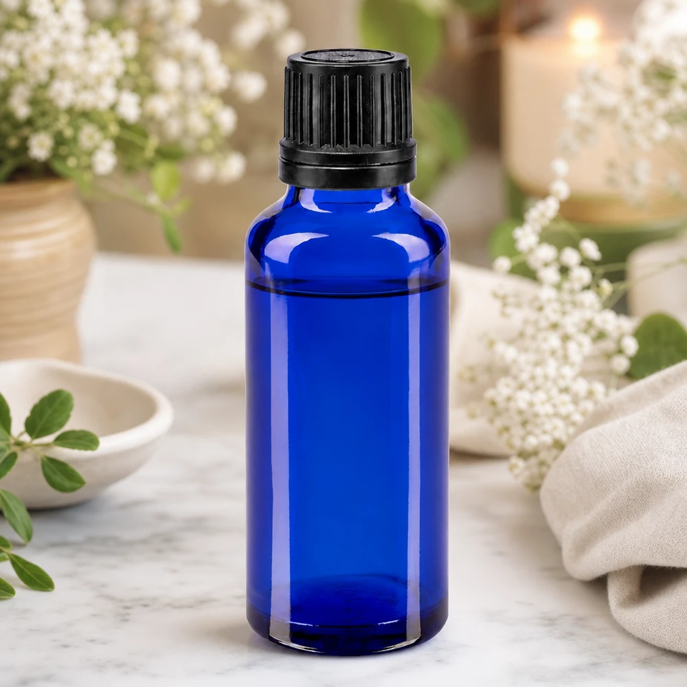 Apoteksflaske blå 30ml dryp v. Pr. 1mm sort OV Lille 30 ml apotekerflaske i blåt med sort skruelåg til æteriske olier