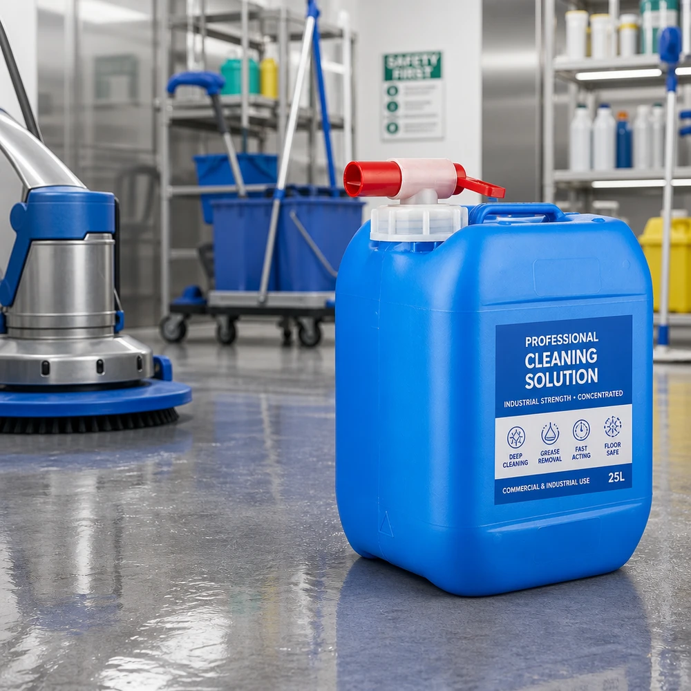 5 liters blå dunk med taphane Blå 5-liters dunk med udløbshane på et blankt industrigulv ved siden af en gulvvaskemaskine