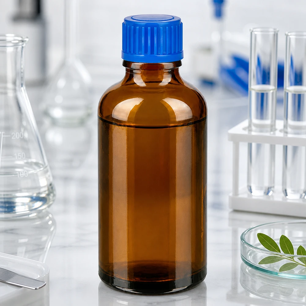 50 ml flaske 11 mm SV blå STD BrownLine UT18/50 Lille 50 ml laboratorieflaske af ravfarvet glas med blåt skruelåg til prøver