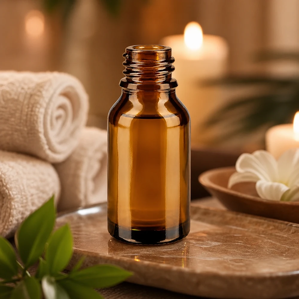 Dropperflaske 15 ml DIN 18 ravfarvet glas 15 ml brun apotekerflaske ApoGlas i varmt stearinlyslys med hvide håndklæder og grønne blade Wellness-dekoration