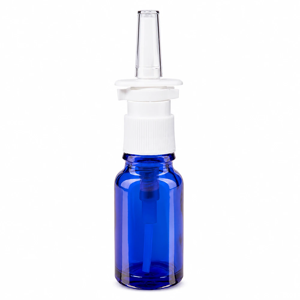 10 ml blå apoteksglasflaske med hvid næsesprayhoved og gennemsigtig dyse