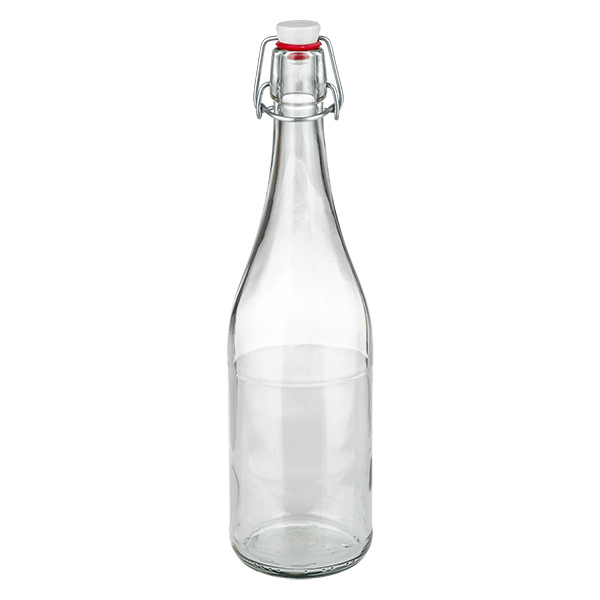 750 ml glasflaske og hængelåg i PVC UNiTWIST 750 ml glasflaske med svingtop PVC UNiTWIST transparent tom stående produktfoto